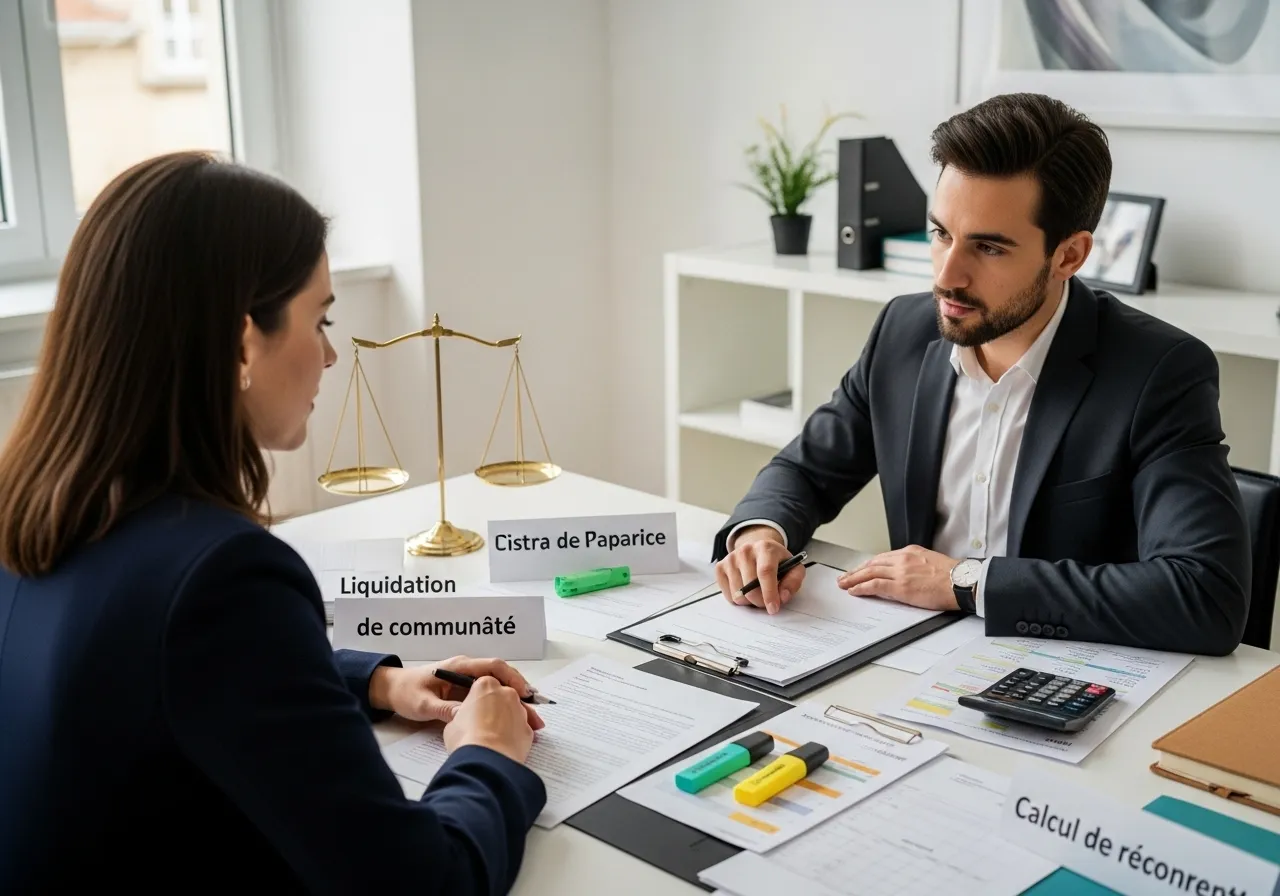avocat expliquant le calcul de récompense sur un document, argent personnel et divorce, avocat expert récompense à Meaux, partage de communauté