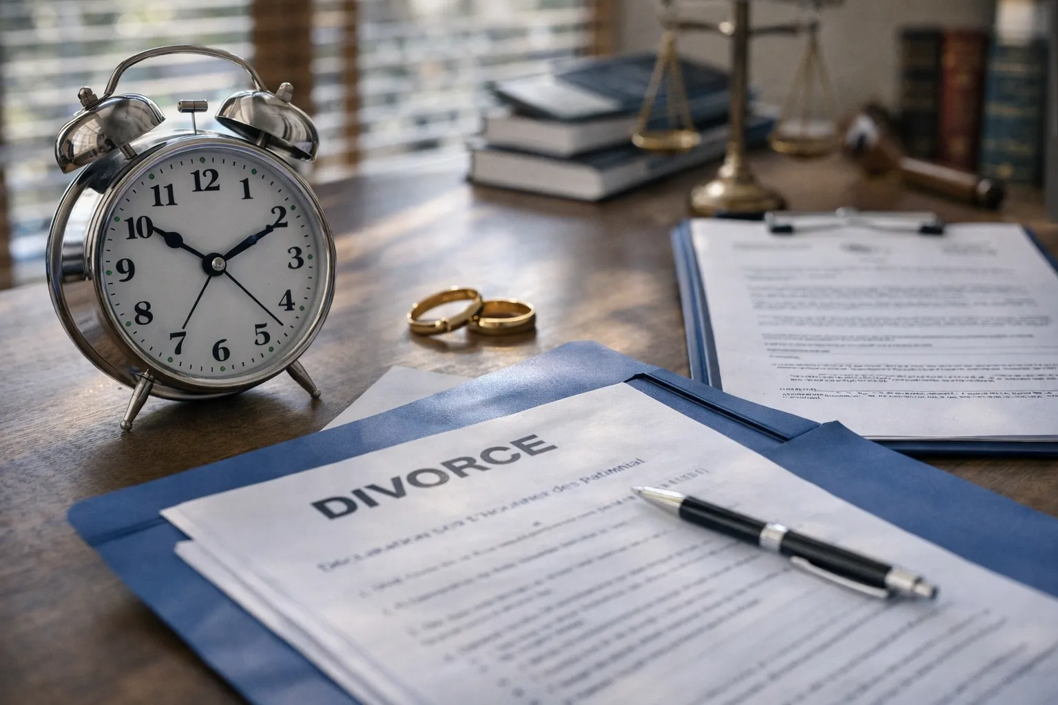 horloge et documents de divorce sur un bureau d'avocat, délai liquidation communauté, durée partage divorce, procédure rapide divorce à Meaux